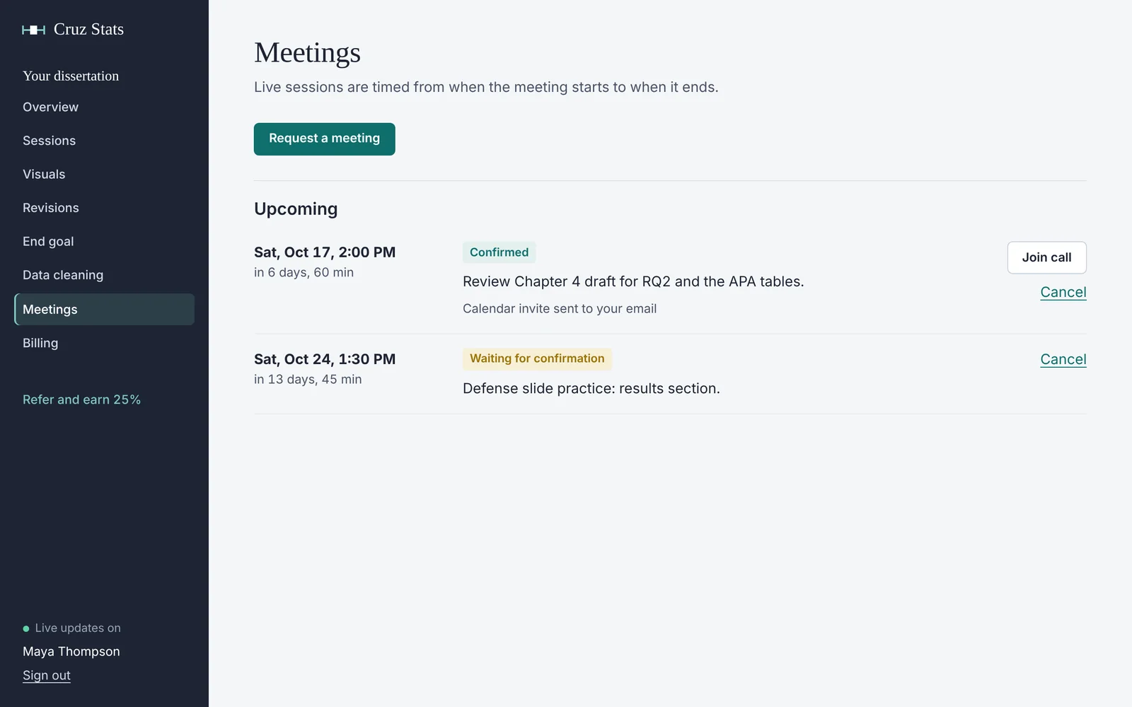 The Meetings page: a confirmed meeting with a Join call button and a calendar invite, and a requested meeting waiting for confirmation.
